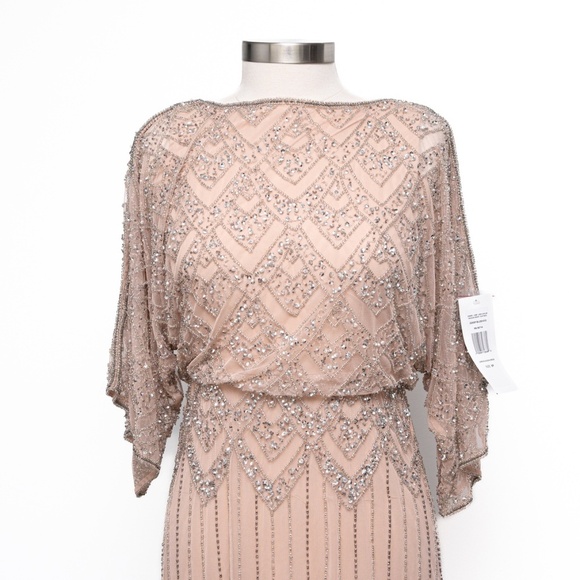 Pisarro Nights. Diamond Motif Mesh Blouson Gown In Blush. - Picture 9 of 16